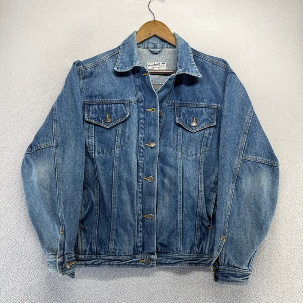 Vintage SBII Denim Jacket Womens Medium Blue Trucker Cotton Denim Biker Pockets
